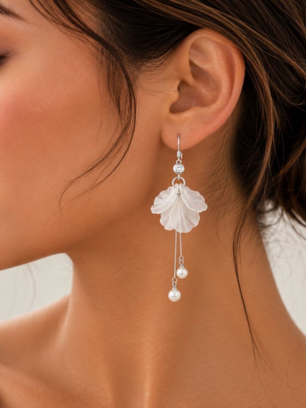 925 Sterling Silver White Flower Petal Drop Earrings Floral Earrings